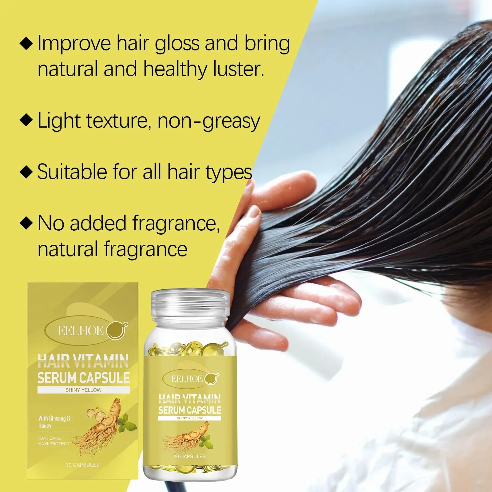 Woman applying hair vitamin serum, Eelhoe Hair Vitamin Serum Capsule packaging shown, promotes glossy hair