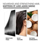Smooth hair, silky texture, and coconut ingredients for hair nourishment and shine benefits.