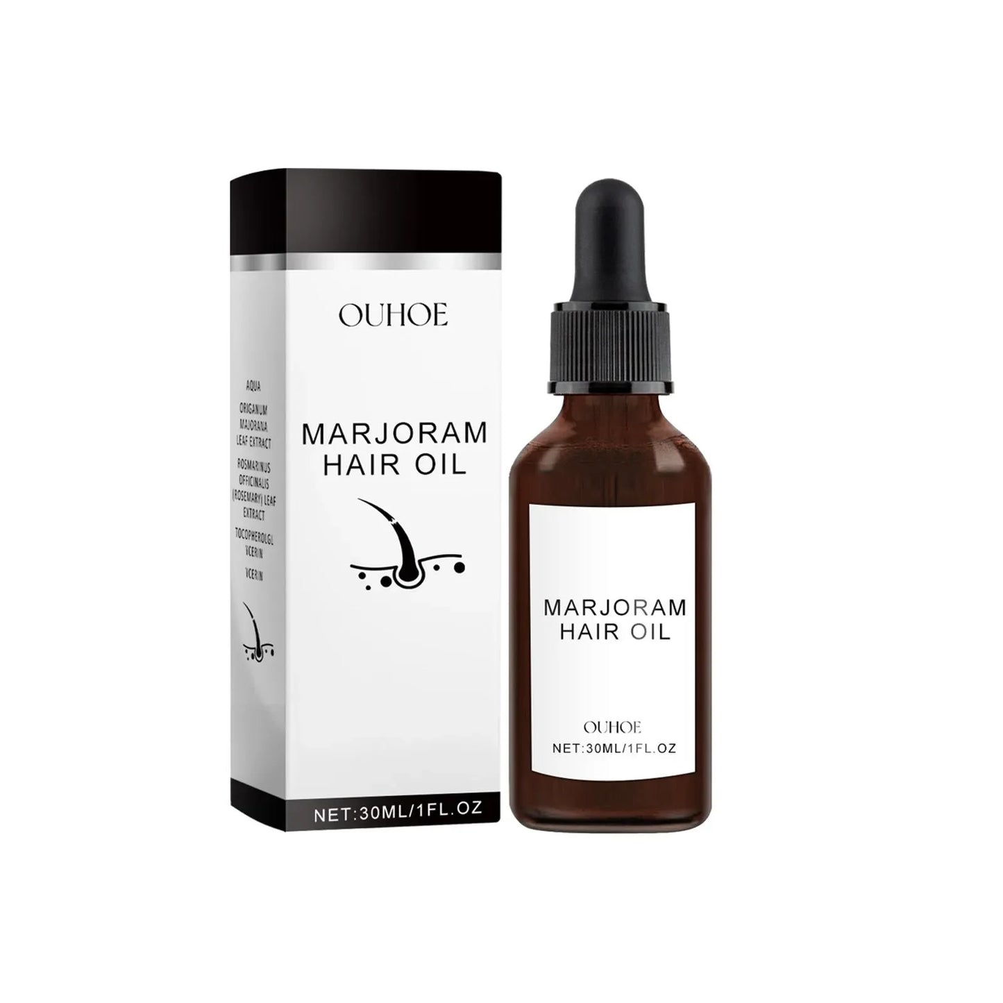OUHOE Marjoram Hair Oil 30ml dropper bottle and box on white background