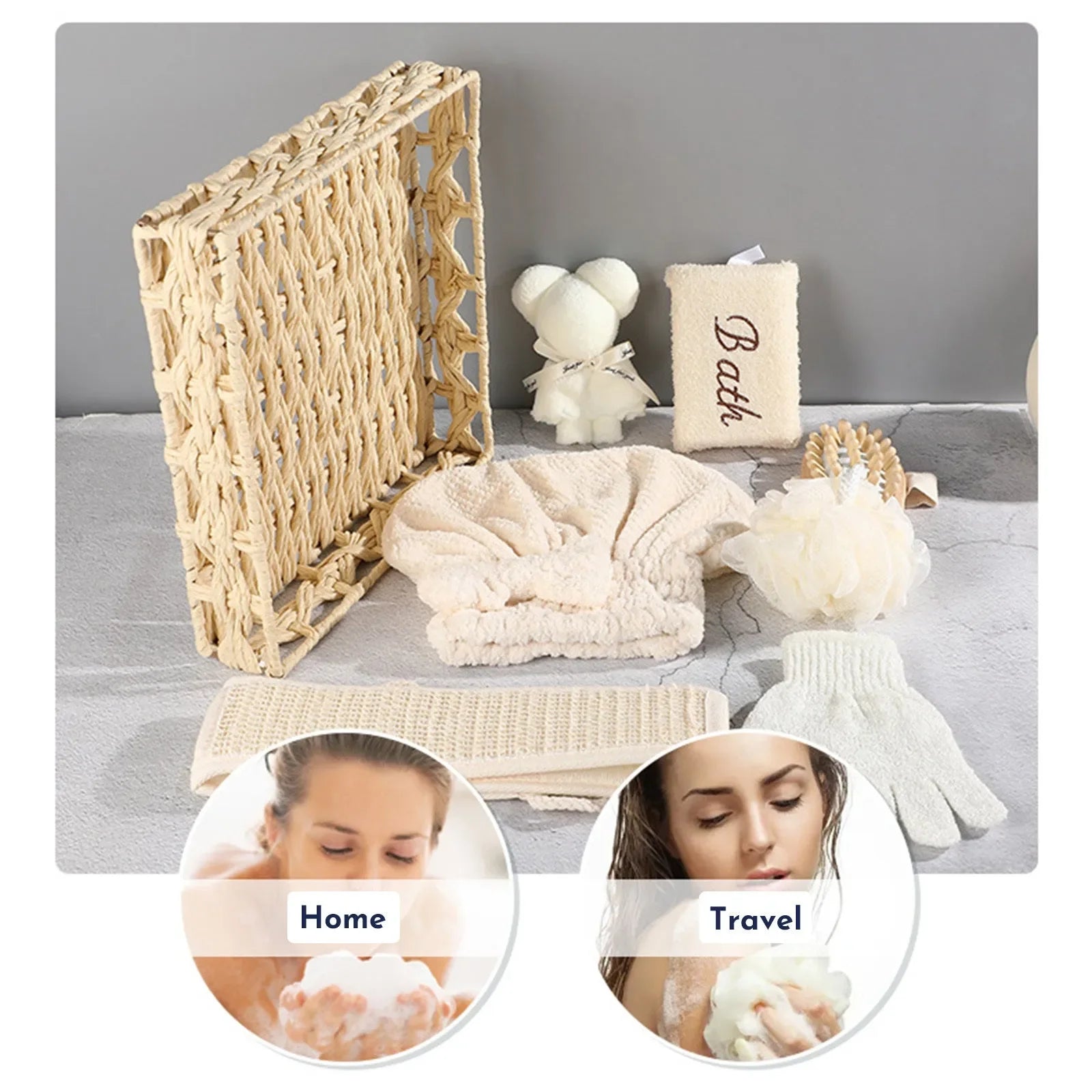 Natural spa bath set with loofah, scrub gloves, sponge, headband, and wicker tray