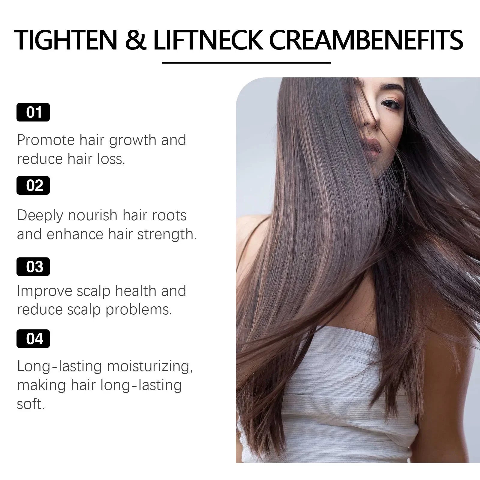 Woman with long healthy hair next to hair growth and moisturizing cream benefits list