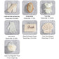 Beige bath accessory set with bath flower, gloves, brush, pull back strip, hairband, towel bear, and embroidered bath sponge on gray background.